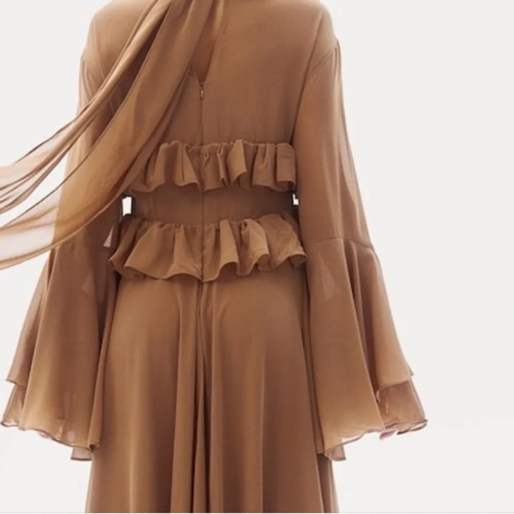 H&M | Dresses | Hm Ruffletrimmed Chiffon Dress Maxi Dark Beige Bnwt